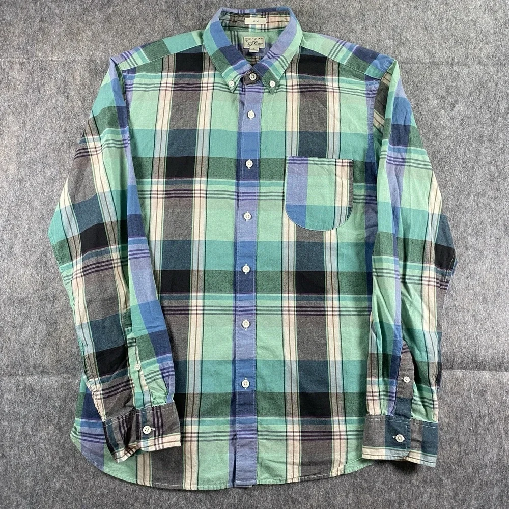J Crew Indian Madras Plaid Shirt Men's Large Slim Blue Preppy Summer Long Sleeve